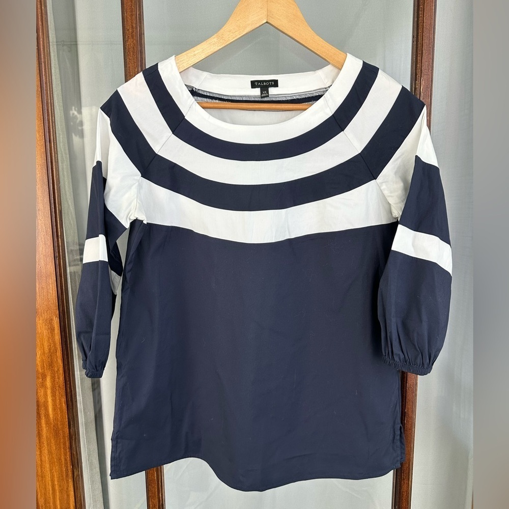 Talbots top X Small barrel Sleeve Blue And White Striped Blouse Nautical Preppy